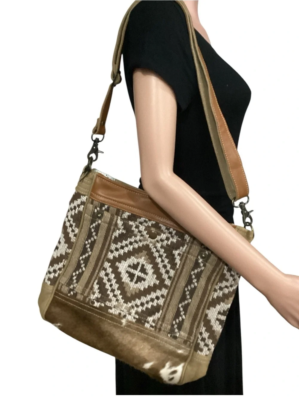 Myra Bag Leather Hair Trim Canvas Woven Crossbody Shoulder Bag Elisa